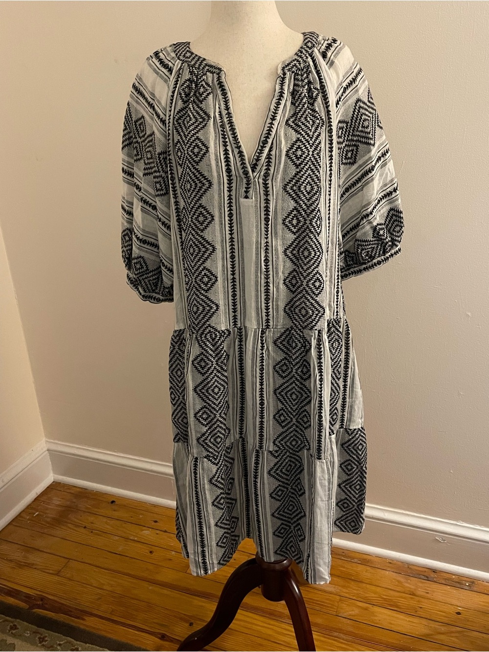 Velvet by Graham & Spencer Cotton Gauze Boho Peasant Dress XL Black White